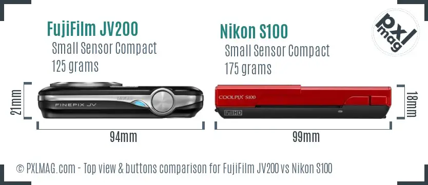 FujiFilm JV200 vs Nikon S100 top view buttons comparison