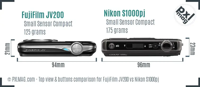 FujiFilm JV200 vs Nikon S1000pj top view buttons comparison