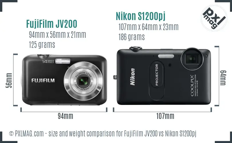FujiFilm JV200 vs Nikon S1200pj size comparison