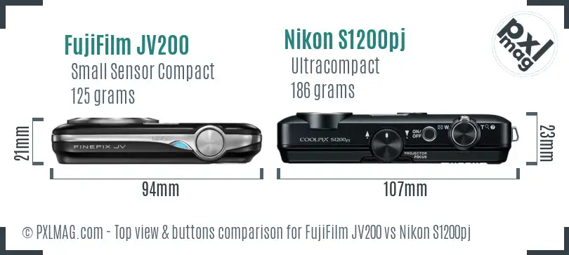 FujiFilm JV200 vs Nikon S1200pj top view buttons comparison