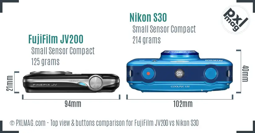 FujiFilm JV200 vs Nikon S30 top view buttons comparison FujiFilm JV200 vs Nikon S30 top view buttons comparison