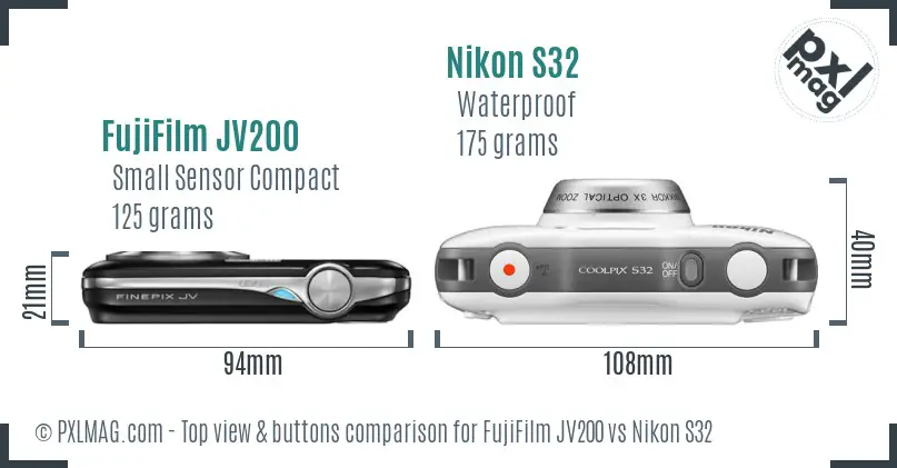 FujiFilm JV200 vs Nikon S32 top view buttons comparison FujiFilm JV200 vs Nikon S32 top view buttons comparison