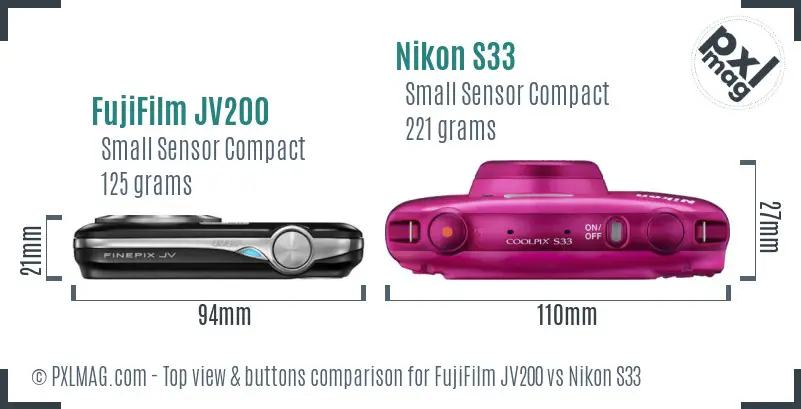 FujiFilm JV200 vs Nikon S33 top view buttons comparison