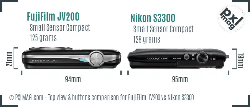 FujiFilm JV200 vs Nikon S3300 top view buttons comparison FujiFilm JV200 vs Nikon S3300 top view buttons comparison