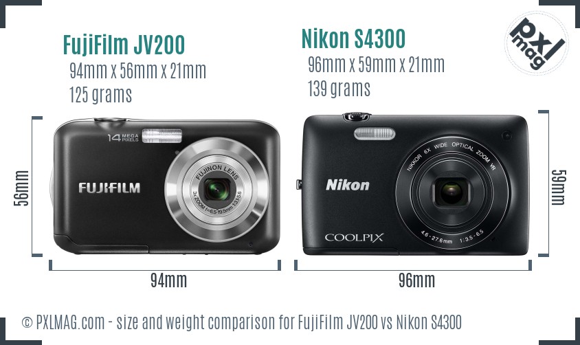 FujiFilm JV200 vs Nikon S4300 size comparison