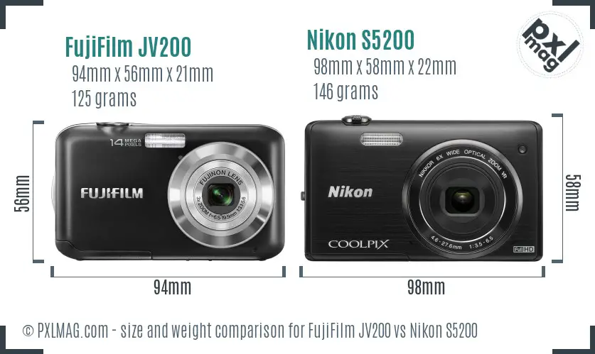 FujiFilm JV200 vs Nikon S5200 size comparison