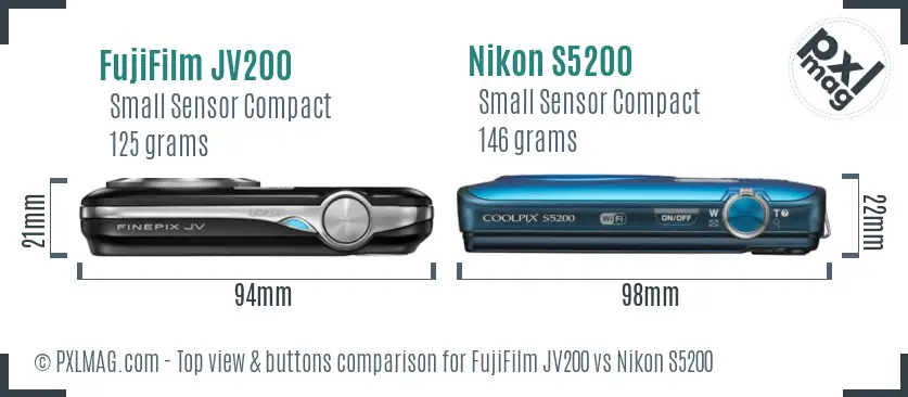 FujiFilm JV200 vs Nikon S5200 top view buttons comparison