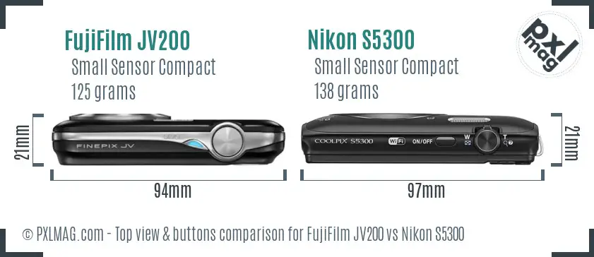 FujiFilm JV200 vs Nikon S5300 top view buttons comparison