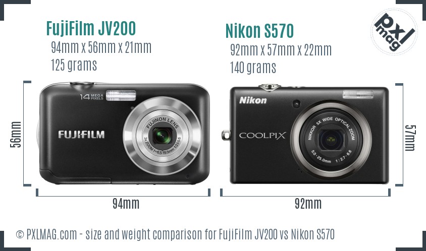 FujiFilm JV200 vs Nikon S570 size comparison