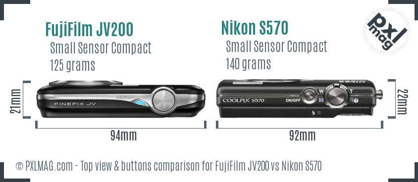FujiFilm JV200 vs Nikon S570 top view buttons comparison