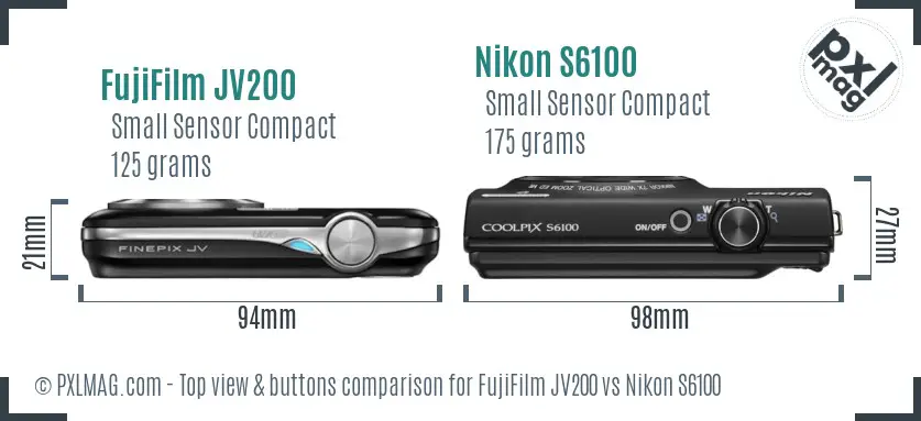 FujiFilm JV200 vs Nikon S6100 top view buttons comparison