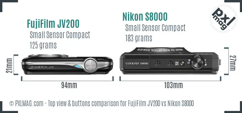 FujiFilm JV200 vs Nikon S8000 top view buttons comparison FujiFilm JV200 vs Nikon S8000 top view buttons comparison