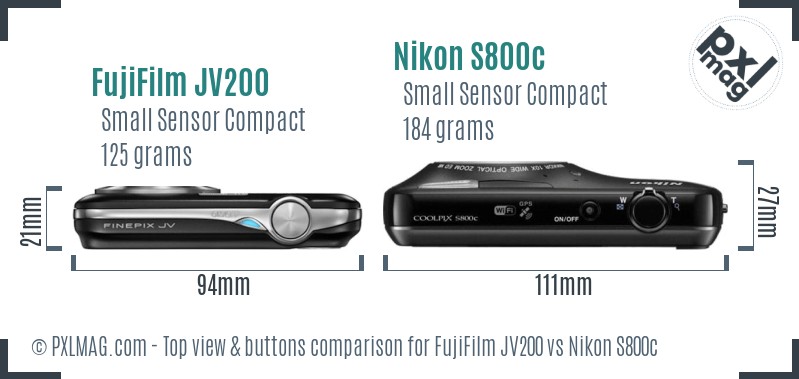 FujiFilm JV200 vs Nikon S800c top view buttons comparison