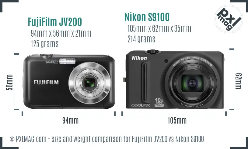 FujiFilm JV200 vs Nikon S9100 size comparison