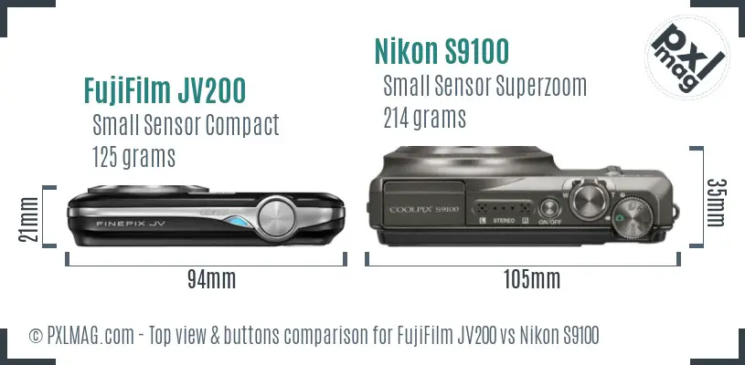 FujiFilm JV200 vs Nikon S9100 top view buttons comparison