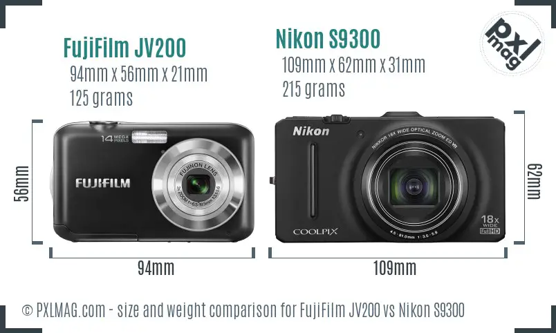 FujiFilm JV200 vs Nikon S9300 size comparison