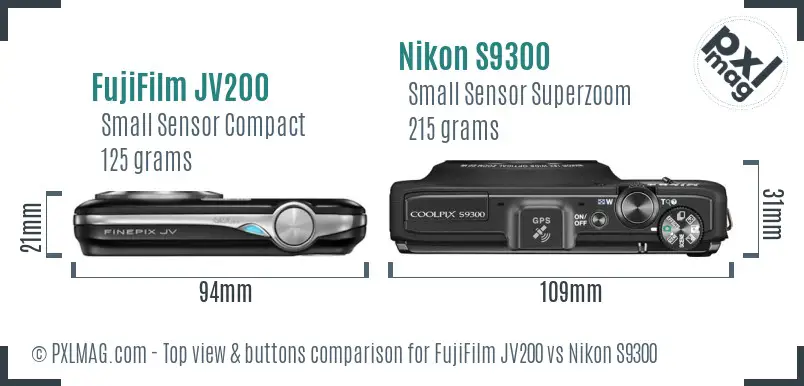 FujiFilm JV200 vs Nikon S9300 top view buttons comparison