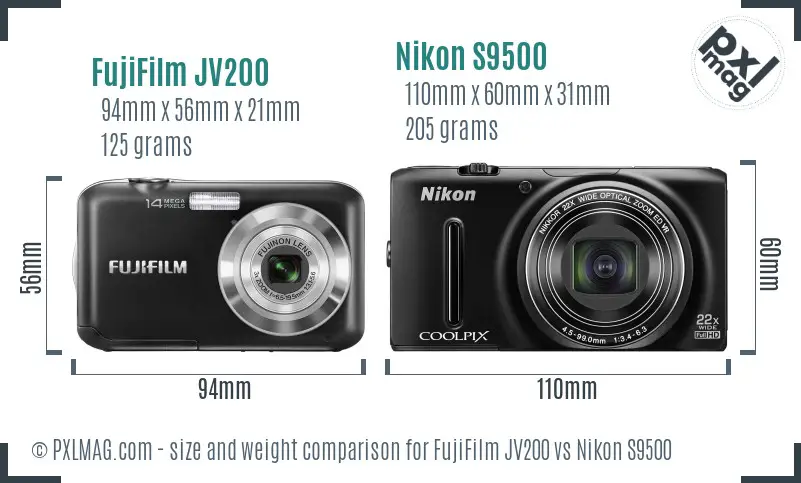 FujiFilm JV200 vs Nikon S9500 size comparison