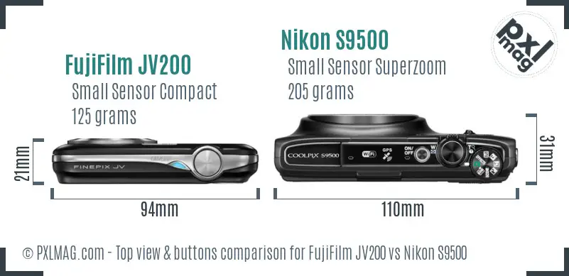 FujiFilm JV200 vs Nikon S9500 top view buttons comparison