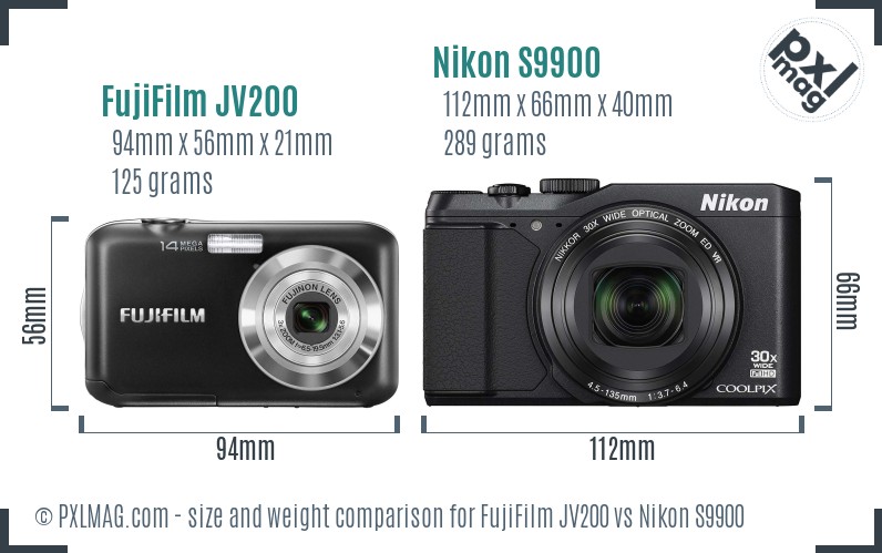 FujiFilm JV200 vs Nikon S9900 size comparison
