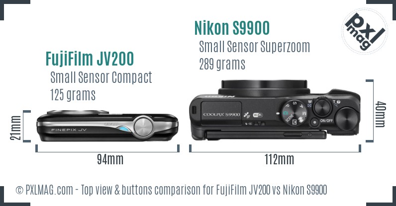 FujiFilm JV200 vs Nikon S9900 top view buttons comparison
