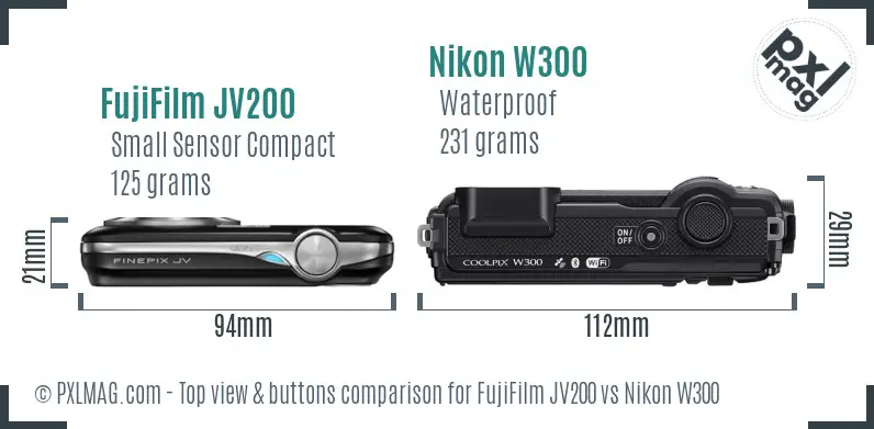 FujiFilm JV200 vs Nikon W300 top view buttons comparison FujiFilm JV200 vs Nikon W300 top view buttons comparison