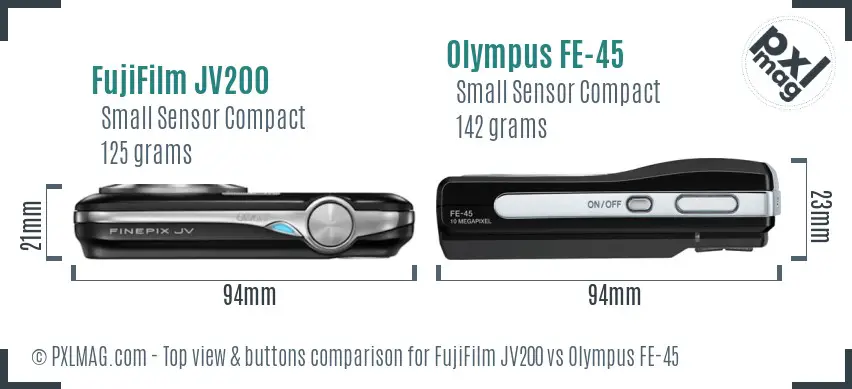 FujiFilm JV200 vs Olympus FE-45 top view buttons comparison
