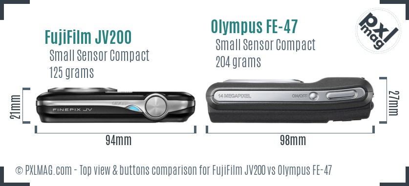 FujiFilm JV200 vs Olympus FE-47 top view buttons comparison