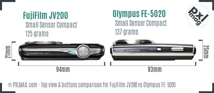 FujiFilm JV200 vs Olympus FE-5020 top view buttons comparison