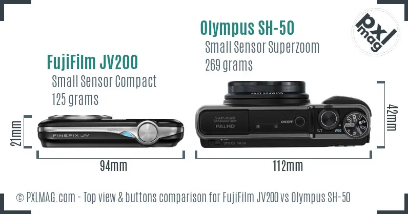 FujiFilm JV200 vs Olympus SH-50 top view buttons comparison