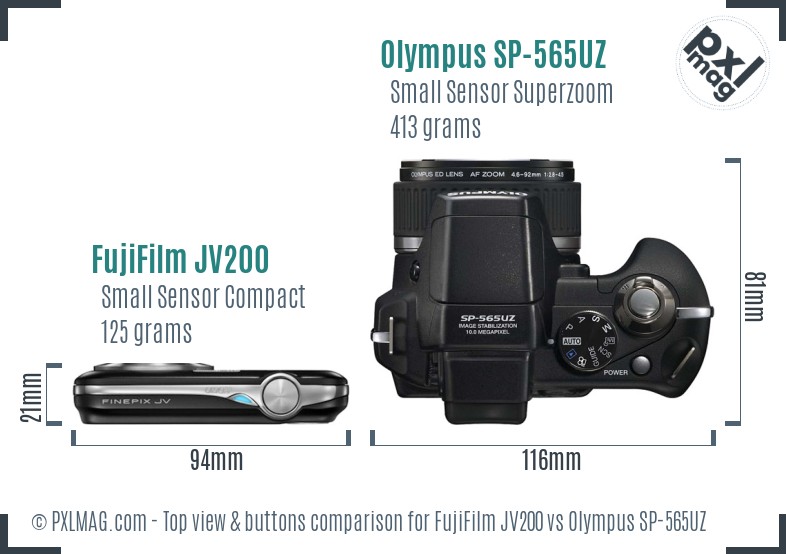 FujiFilm JV200 vs Olympus SP-565UZ top view buttons comparison