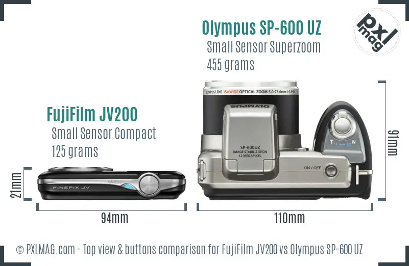 FujiFilm JV200 vs Olympus SP-600 UZ top view buttons comparison FujiFilm JV200 vs Olympus SP-600 UZ top view buttons comparison