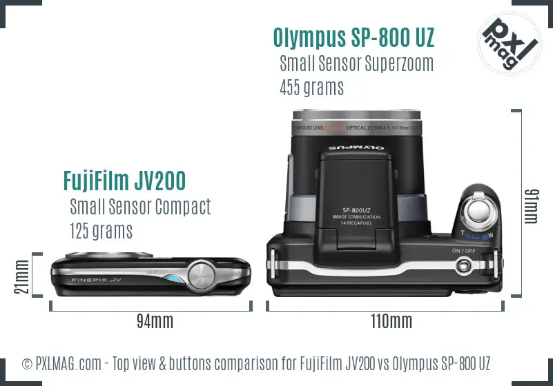FujiFilm JV200 vs Olympus SP-800 UZ top view buttons comparison