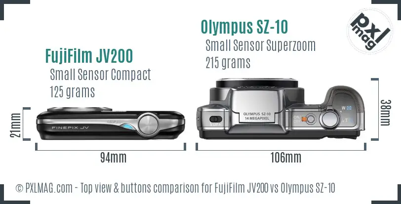 FujiFilm JV200 vs Olympus SZ-10 top view buttons comparison