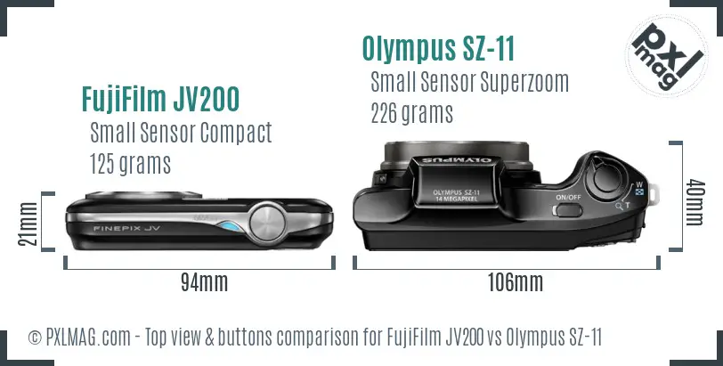 FujiFilm JV200 vs Olympus SZ-11 top view buttons comparison