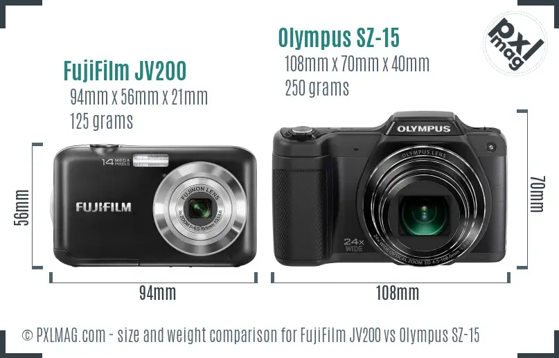 FujiFilm JV200 vs Olympus SZ-15 size comparison
