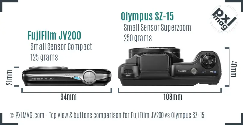 FujiFilm JV200 vs Olympus SZ-15 top view buttons comparison
