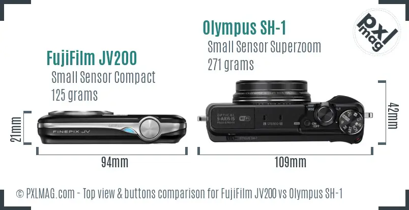 FujiFilm JV200 vs Olympus SH-1 top view buttons comparison