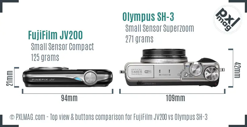 FujiFilm JV200 vs Olympus SH-3 top view buttons comparison