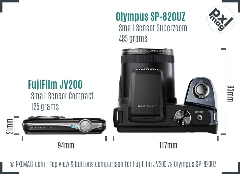 FujiFilm JV200 vs Olympus SP-820UZ top view buttons comparison FujiFilm JV200 vs Olympus SP-820UZ top view buttons comparison