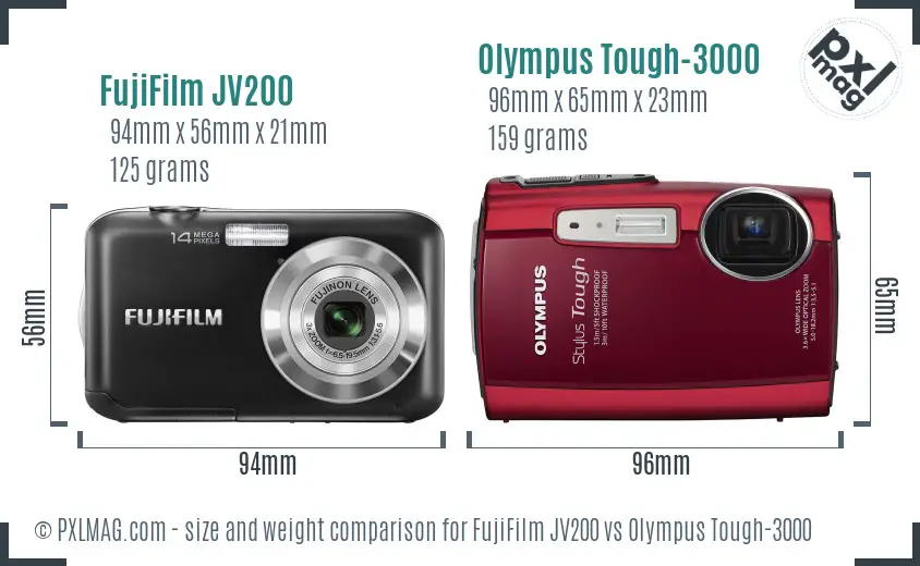FujiFilm JV200 vs Olympus Tough-3000 size comparison