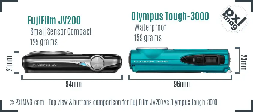 FujiFilm JV200 vs Olympus Tough-3000 top view buttons comparison