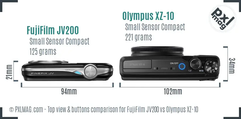 FujiFilm JV200 vs Olympus XZ-10 top view buttons comparison