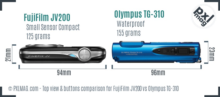 FujiFilm JV200 vs Olympus TG-310 top view buttons comparison