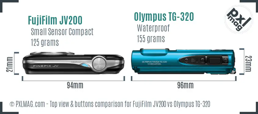 FujiFilm JV200 vs Olympus TG-320 top view buttons comparison