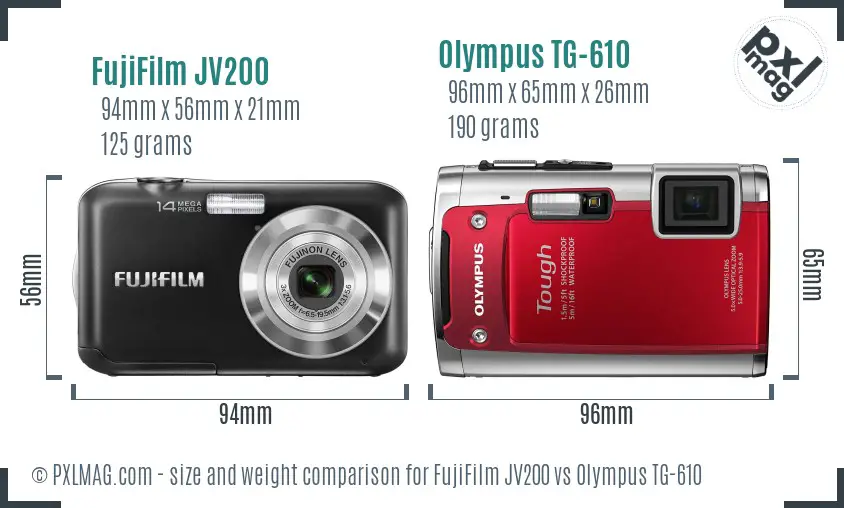 FujiFilm JV200 vs Olympus TG-610 size comparison