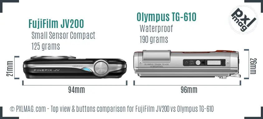 FujiFilm JV200 vs Olympus TG-610 top view buttons comparison