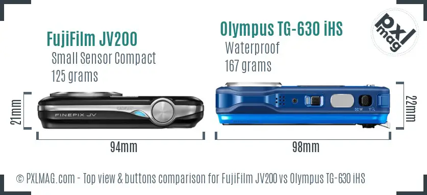 FujiFilm JV200 vs Olympus TG-630 iHS top view buttons comparison