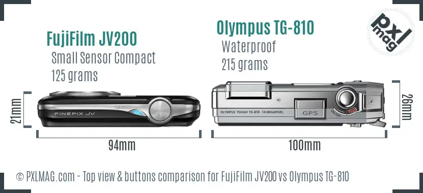FujiFilm JV200 vs Olympus TG-810 top view buttons comparison