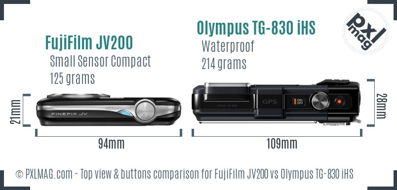 FujiFilm JV200 vs Olympus TG-830 iHS top view buttons comparison